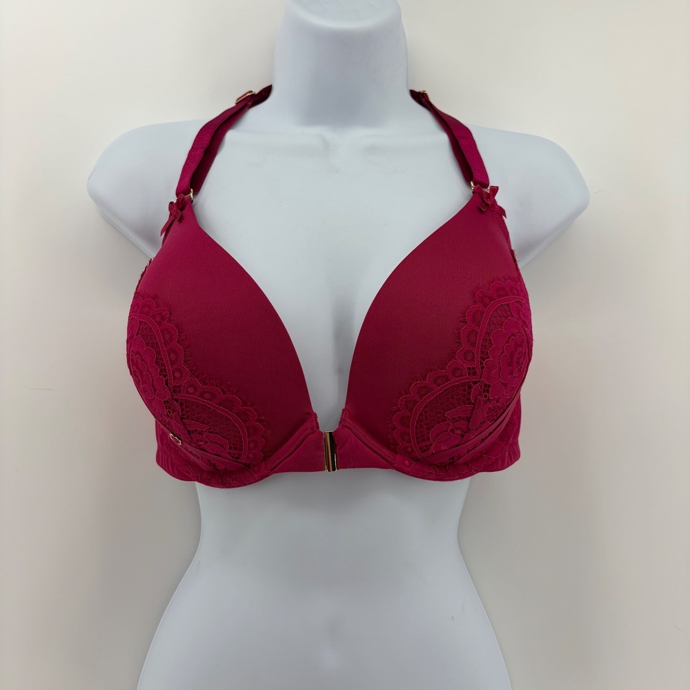 Cacique 34DDD Boost Plunge Bra Push Up Crimson Lace‎ Front Clasp Halter
